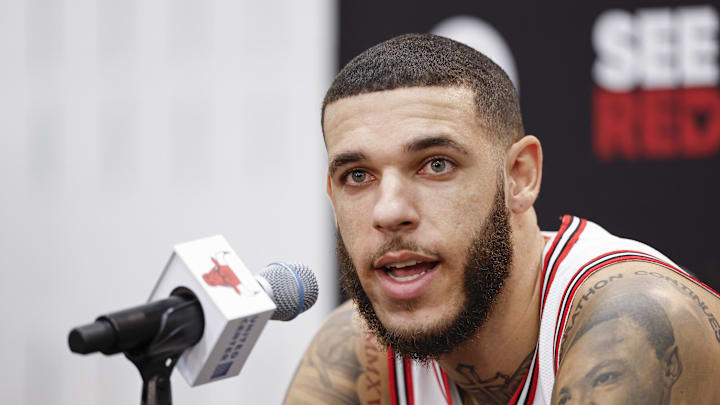 Chicago Bulls guard Lonzo Ball (2) speaks to the press during Media Day. 