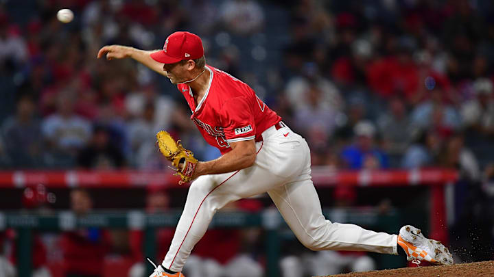 August 16, 2024; Anaheim, California, USA; Los Angeles Angels pitcher Ben Joyce (44) throws against the Atlanta Braves during the ninth inning at Angel Stadium. Mandatory Credit: Gary A. Vasquez-Imagn Images August 16, 2024; Anaheim, California, USA; Los Angeles Angels pitcher Ben Joyce (44) throws against the Atlanta Braves during the ninth inning at Angel Stadium. Mandatory Credit: Gary A. Vasquez-Imagn Images