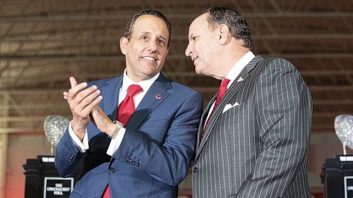 University of Oklahoma president Joseph Harroz Jr. (left) and athletic director Joe Castiglione.