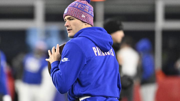 New England Patriots quarterback Drake Maye (10) warms up prior to the game against the New York Giants at Gillette Stadium.