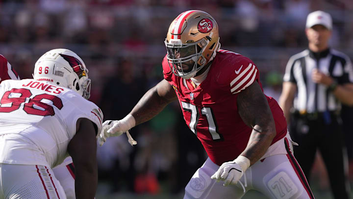 Oct 6, 2024; Santa Clara, California, USA; San Francisco 49ers offensive tackle Trent Williams (71) blocks Arizona Cardinals defensive tackle Naquan Jones (96) during the fourth quarter at Levi's Stadium. Mandatory Credit: Darren Yamashita-Imagn Images Oct 6, 2024; Santa Clara, California, USA; San Francisco 49ers offensive tackle Trent Williams (71) blocks Arizona Cardinals defensive tackle Naquan Jones (96) during the fourth quarter at Levi's Stadium. Mandatory Credit: Darren Yamashita-Imagn Images