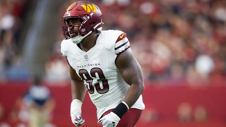 Sep 29, 2024; Glendale, Arizona, USA; Washington Commanders defensive tackle Jonathan Allen (93) against the Arizona Cardinals at State Farm Stadium. Mandatory Credit: Mark J. Rebilas-Imagn Images