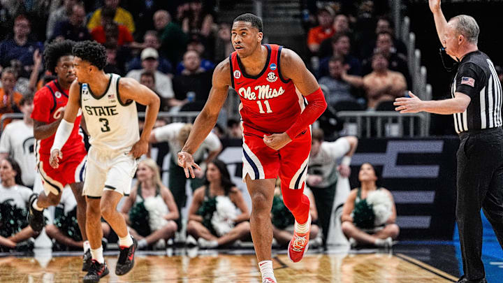 Ole Miss guard Matthew Murrell (11) celebrates a three point basket against Michigan State during the first half of the Sweet 16 round of NCAA tournament at State Farm Arena in Atlanta, Ga. on Friday, March 28, 2025.