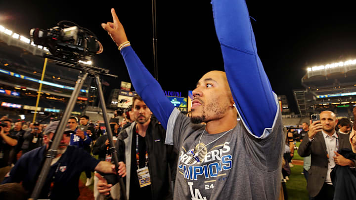 Oct 31, 2024; New York, New York, USA; Los Angeles Dodgers shortstop Mookie Betts (50) celebrates after the Los Angeles Dodgers beat the New York Yankees in game four to win the 2024 MLB World Series at Yankee Stadium.