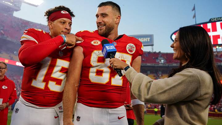 Oct 22, 2023; Kansas City, Missouri, USA; Kansas City Chiefs quarterback Patrick Mahomes (15) and tight end Travis Kelce (87) talk with reporter Tracy Wolfson after defeating the Los Angeles Chargers at GEHA Field at Arrowhead Stadium. Mandatory Credit: Jay Biggerstaff-USA TODAY Sports Oct 22, 2023; Kansas City, Missouri, USA; Kansas City Chiefs quarterback Patrick Mahomes (15) and tight end Travis Kelce (87) talk with reporter Tracy Wolfson after defeating the Los Angeles Chargers at GEHA Field at Arrowhead Stadium. Mandatory Credit: Jay Biggerstaff-USA TODAY Sports