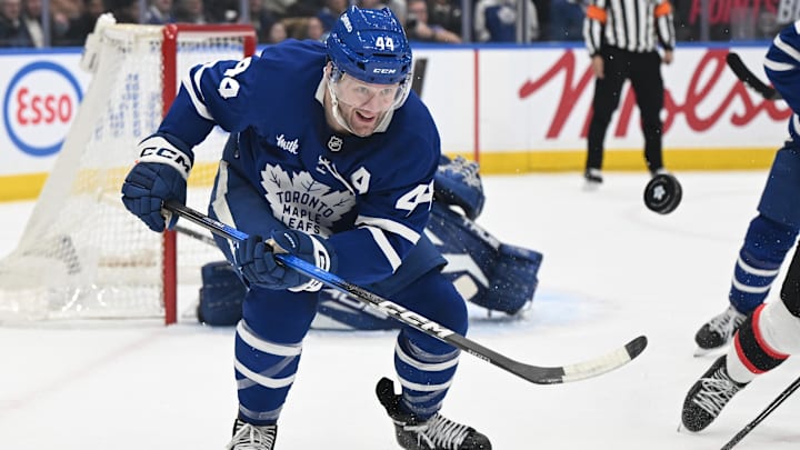 Feb 28, 2026; Toronto, Ontario, CAN;  Toronto Maple Leafs defenseman Morgan Rielly (44) pursues the puck against the Ottawa Senators in the second period at Scotiabank Arena. Mandatory Credit: Dan Hamilton-Imagn Images
