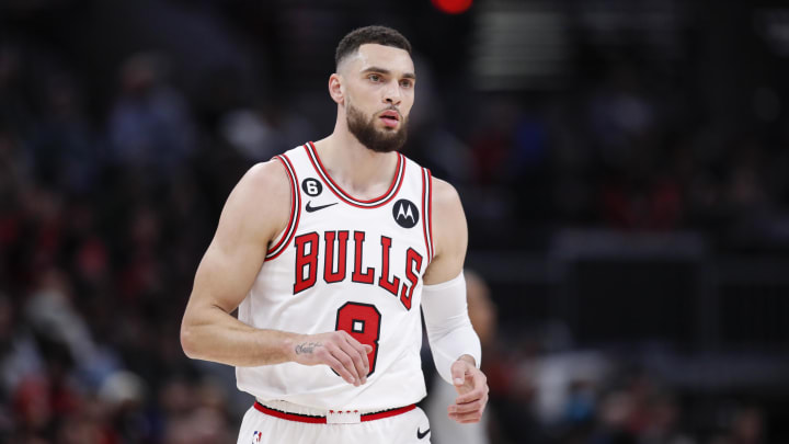 Jan 31, 2023; Chicago, Illinois, USA; Chicago Bulls guard Zach LaVine (8) reacts during the first half at United Center.