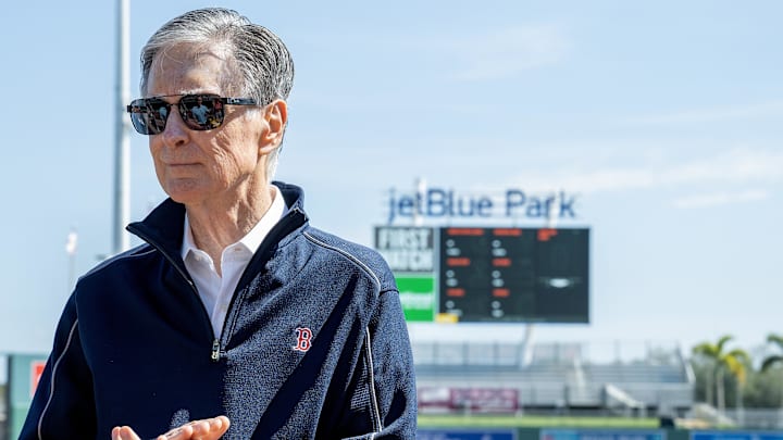 Feb 17, 2025; Lee County, FL, USA;  Boston Red Sox owner John W. Henry attends spring training at Jet Blue Park at Fenway South. Photo Credit: Chris Tilley-Imagn Images