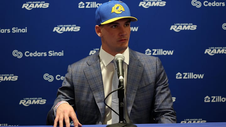 Apr 24, 2026; Inglewood, CA, USA;  Los Angeles Rams first-round draft pick Ty Simpson speaks to media during a press conference at Code Next at Hollywood Park. Mandatory Credit: Kiyoshi Mio-Imagn Images
