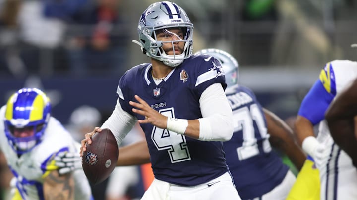 Dallas Cowboys quarterback Dak Prescott throws a pass in the first quarter against the Los Angeles Rams. Dallas Cowboys quarterback Dak Prescott throws a pass in the first quarter against the Los Angeles Rams.