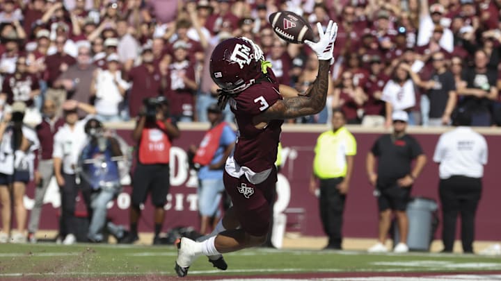 Texas A&M Aggies wide receiver Ashton Bethel-Roman (3) makes a catch for a touchdown during the third quarter against the South Carolina Gamecocks at Kyle Field. Texas A&M Aggies wide receiver Ashton Bethel-Roman (3) makes a catch for a touchdown during the third quarter against the South Carolina Gamecocks at Kyle Field.