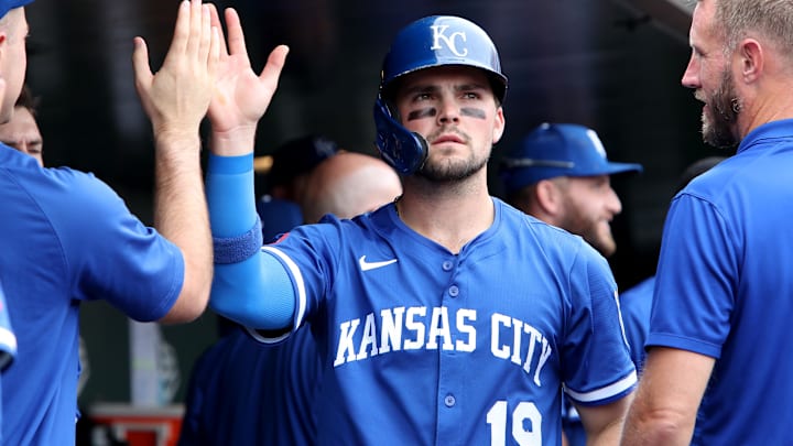Sep 28, 2025; West Sacramento, California, USA; Kansas City Royals second baseman Michael Massey (19) celebrates with teammates after scoring a run against the Athletics during the seventh inning at Sutter Health Park. Mandatory Credit: Dennis Lee-Imagn Images Sep 28, 2025; West Sacramento, California, USA; Kansas City Royals second baseman Michael Massey (19) celebrates with teammates after scoring a run against the Athletics during the seventh inning at Sutter Health Park. Mandatory Credit: Dennis Lee-Imagn Images