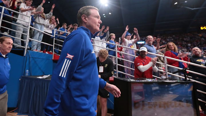 Kansas Jayhawks head coach Bill Self walks out before taking on Baylor Bears for the game inside Allen Fieldhouse on Jan. 16, 2026.