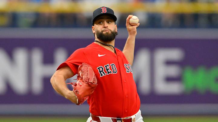 Sep 27, 2026; St. Petersburg, Florida, USA;  Boston Red Sox pitcher Patrick Sandoval (43) delivers a pitch during the seventh inning against Chicago Cubs at Tropicana Field.  Mandatory Credit: Pablo Robles-Imagn Images