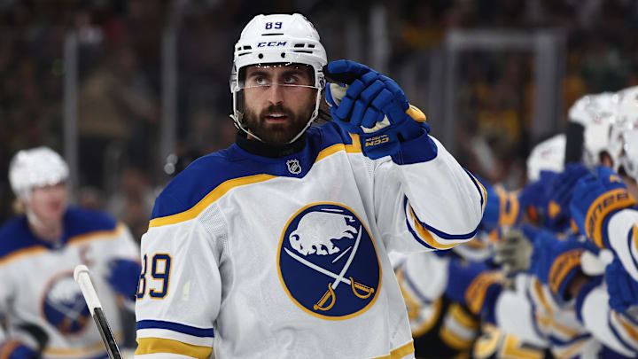 May 1, 2026; Boston, Massachusetts, USA; Buffalo Sabres right wing Alex Tuch (89) points to his goaltender after being congratulated at the bench after scoring against the Boston Bruins during the first period of game six of the first round of the 2026 Stanley Cup Playoffs at TD Garden. 