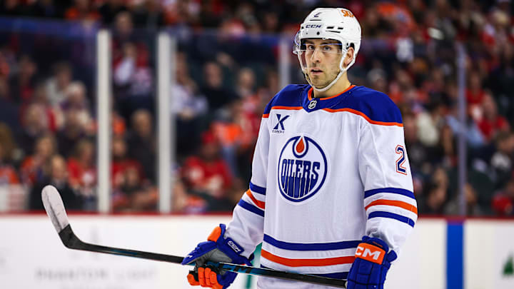 Feb 4, 2026; Calgary, Alberta, CAN; Edmonton Oilers defenseman Evan Bouchard (2) against the Calgary Flames during the third period at Scotiabank Saddledome. Mandatory Credit: Sergei Belski-Imagn Images