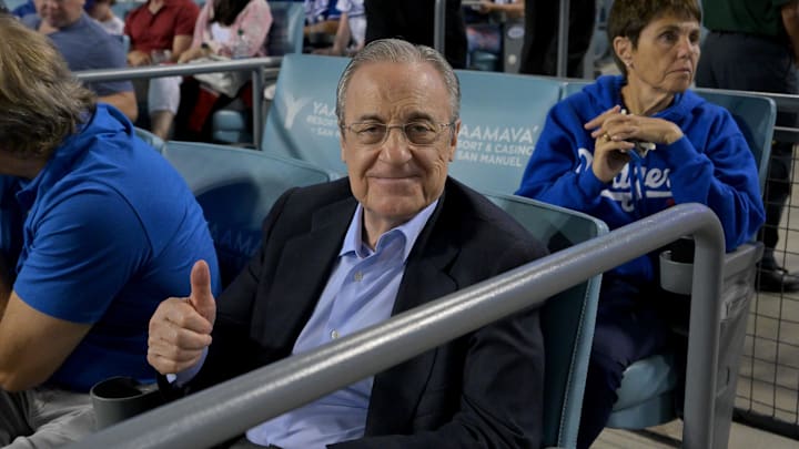 Jul 22, 2022; Los Angeles, California, USA;  Florentino Perez, president of Real Madrid, attends a baseball game between the Los Angeles Dodgers and the San Francisco Giants at Dodger Stadium. Mandatory Credit: Jayne Kamin-Oncea-Imagn Images