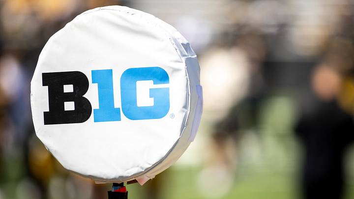 Apr 26, 2025; Iowa City, IA, USA; A detail view of a logo for the Big Ten Conference is seen during a spring NCAA football open practice at Kinnick Stadium. Mandatory Credit: Joseph Cress/For the Register Apr 26, 2025; Iowa City, IA, USA; A detail view of a logo for the Big Ten Conference is seen during a spring NCAA football open practice at Kinnick Stadium. Mandatory Credit: Joseph Cress/For the Register