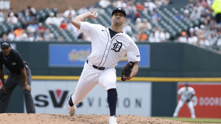 Apr 14, 2024; Detroit, Michigan, USA; Detroit Tigers pitcher Jack Flaherty (9) throws during the game against the Minnesota Twins at Comerica Park.
