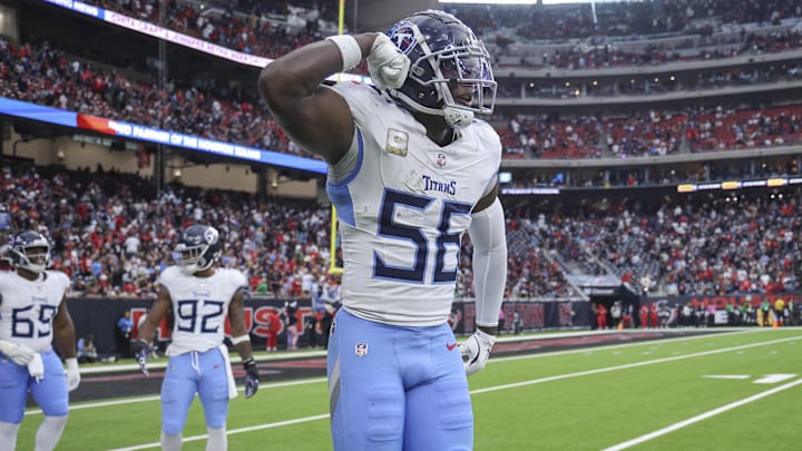 Tennessee Titans linebacker Kenneth Murray Jr. reacts after a play during the fourth quarter against the Houston Texans at NRG Stadium.