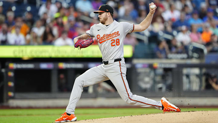 Aug 19, 2024; New York City, New York, USA; Baltimore Orioles pitcher Trevor Rogers (28) delivers a pitch against the New York Mets during the first inning at Citi Field. Aug 19, 2024; New York City, New York, USA; Baltimore Orioles pitcher Trevor Rogers (28) delivers a pitch against the New York Mets during the first inning at Citi Field.