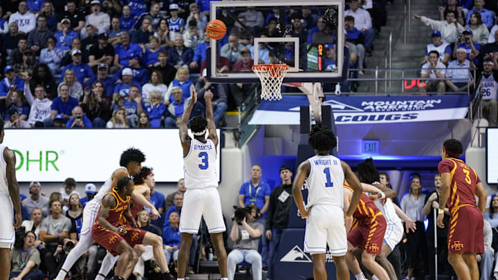 Feb 21, 2026; Provo, Utah, USA; BYU Cougars forward AJ Dybantsa (3) takes a free throw during the second half against the Iowa State Cyclones at Marriott Center. Mandatory Credit: Aaron Baker-Imagn Images Feb 21, 2026; Provo, Utah, USA; BYU Cougars forward AJ Dybantsa (3) takes a free throw during the second half against the Iowa State Cyclones at Marriott Center. Mandatory Credit: Aaron Baker-Imagn Images