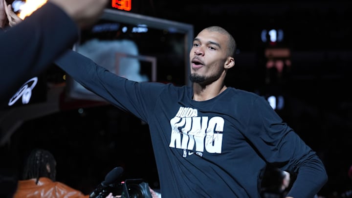 Jan 19, 2026; San Antonio, Texas, USA; San Antonio Spurs forward Victor Wembanyama (1) is introduced before the game against the Utah Jazz at Frost Bank Center.