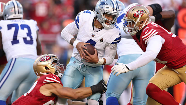 Dallas Cowboys quarterback Dak Prescott (4) is sacked by San Francisco 49ers defensive end Nick Bosa (97) and defensive tackle Arik Armstead (91)