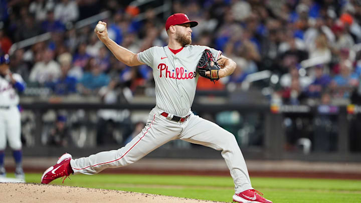 Sep 22, 2024; New York City, New York, USA;  Philadelphia Phillies pitcher Zack Wheeler (45) delivers a pitch against the New York Mets during the first inning at Citi Field. 