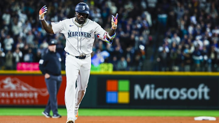 Seattle Mariners left fielder Randy Arozarena celebrates after hitting a solo home run against the Athletics on March 27 at T-Mobile Park. Seattle Mariners left fielder Randy Arozarena celebrates after hitting a solo home run against the Athletics on March 27 at T-Mobile Park.