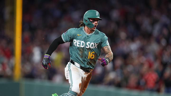 May 8, 2026; Boston, Massachusetts, USA; Boston Red Sox left fielder Jarren Duran (16) runs to third during the seventh inning against the Tampa Bay Rays at Fenway Park. Mandatory Credit: Paul Rutherford-Imagn Images