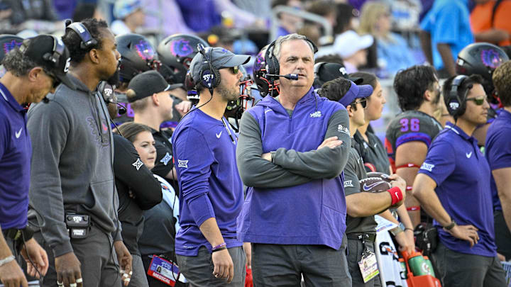 Nov 18, 2023; Fort Worth, Texas, USA; TCU Horned Frogs head coach Sonny Dykes during the game between the TCU Horned Frogs and the Baylor Bears at Amon G. Carter Stadium. Mandatory Credit: Jerome Miron-Imagn Images Nov 18, 2023; Fort Worth, Texas, USA; TCU Horned Frogs head coach Sonny Dykes during the game between the TCU Horned Frogs and the Baylor Bears at Amon G. Carter Stadium. Mandatory Credit: Jerome Miron-Imagn Images