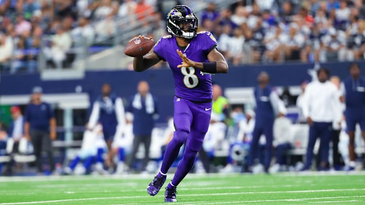 Sep 22, 2024; Arlington, Texas, USA; Baltimore Ravens quarterback Lamar Jackson (8) throws during the first half against the Dallas Cowboys at AT&T Stadium. Mandatory Credit: Kevin Jairaj-Imagn Images Sep 22, 2024; Arlington, Texas, USA; Baltimore Ravens quarterback Lamar Jackson (8) throws during the first half against the Dallas Cowboys at AT&T Stadium. Mandatory Credit: Kevin Jairaj-Imagn Images