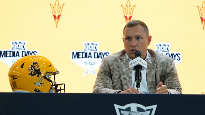 Jul 8, 2025; Frisco, TX, USA; Arizona State head coach Kenny Dillingham addresses the media during 2025 Big 12 Football Media Days at The Star. Mandatory Credit: Raymond Carlin III-Imagn Images