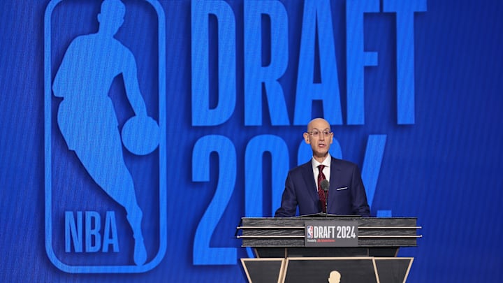 Jun 26, 2024; Brooklyn, NY, USA; NBA commissioner Adam Silver speaks before the first round of the 2024 NBA Draft at Barclays Center. Mandatory Credit: Brad Penner-Imagn Images