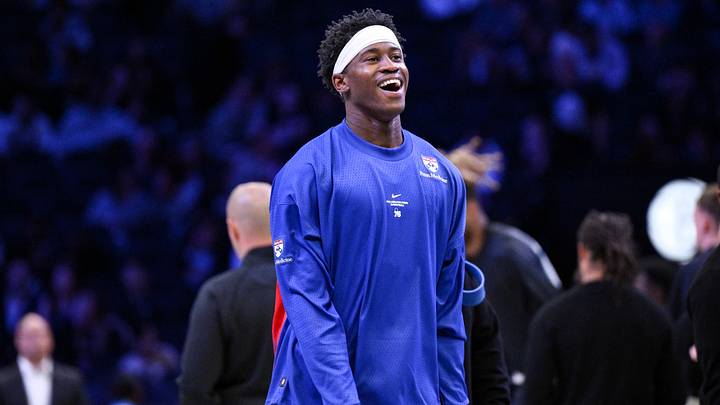 Oct 8, 2026; Brooklyn, New York, USA; Philadelphia 76ers guard Vj Edgecombe (77) warms up before a game against the Brooklyn Nets at Barclays Center. Mandatory Credit: John Jones-Imagn Images