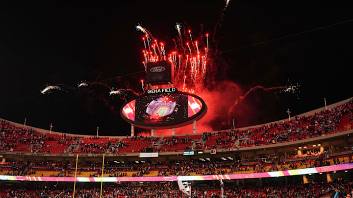 Nov 21, 2021; Kansas City, Missouri, USA; A general view of fireworks at the stadium after the Kansas City Chiefs win over the Dallas Cowboys at GEHA Field at Arrowhead Stadium. Mandatory Credit: Denny Medley-Imagn Images