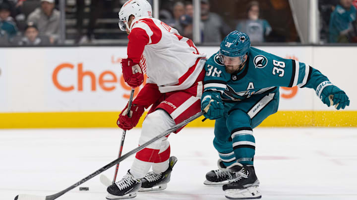 Jan 2, 2024; San Jose, California, USA; San Jose Sharks defenseman Mario Ferraro (38) attempts to