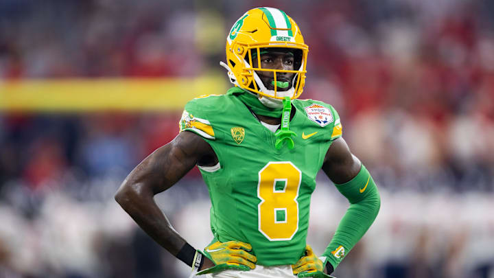 Jan 1, 2024; Glendale, AZ, USA; Oregon Ducks defensive back Dontae Manning (8) against the Liberty Flames during the 2024 Fiesta Bowl at State Farm Stadium. Mandatory Credit: Mark J. Rebilas-Imagn Images