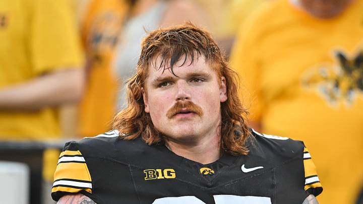 Sep 13, 2025; Iowa City, Iowa, USA; Iowa Hawkeyes offensive lineman Gennings Dunker (67) looks on before the game against the Massachusetts Minutemen at Kinnick Stadium. Mandatory Credit: Jeffrey Becker-Imagn Images