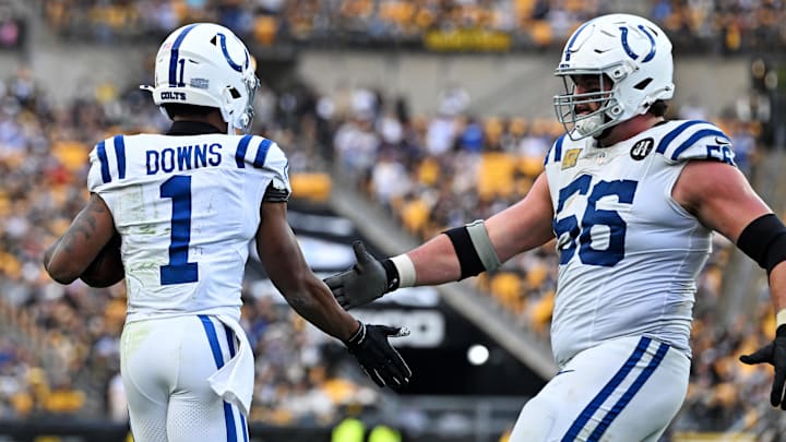 Nov 2, 2025; Pittsburgh, Pennsylvania, USA; Indianapolis Colts wide receiver Josh Downs (1) celebrates after catching a touchdown pass during the fourth quarter against the Pittsburgh Steelers at Acrisure Stadium. Mandatory Credit: Barry Reeger-Imagn Images