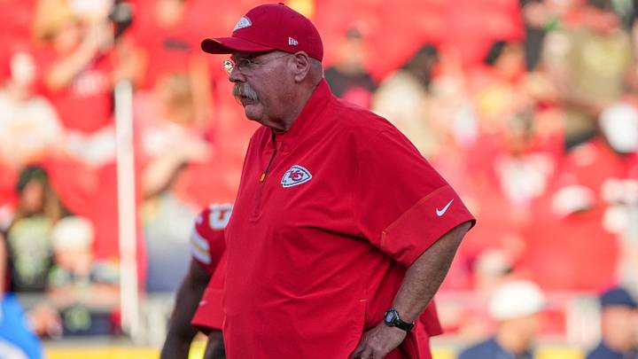 Aug 28, 2026; Kansas City, Missouri, USA; Kansas City Chiefs head coach Andy Reid watches warm ups against the Seattle Seahawks prior to the game at Arrowhead Stadium. Mandatory Credit: Denny Medley-Imagn Images