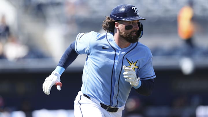 Mar 10, 2026; Port Charlotte, Florida, USA; Tampa Bay Rays right fielder Ryan Vilade (26) runs to first base after hitting an rbi single against the Minnesota Twins in the seventh inning during spring training at Charlotte Sports Park. Mandatory Credit: Nathan Ray Seebeck-Imagn Images
