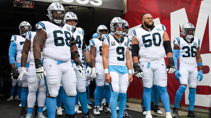 Carolina Panthers guard Damien Lewis (68) quarterback Bryce Young (9) guard Robert Hunt (50) and safety Demani Richardson Carolina Panthers guard Damien Lewis (68) quarterback Bryce Young (9) guard Robert Hunt (50) and safety Demani Richardson