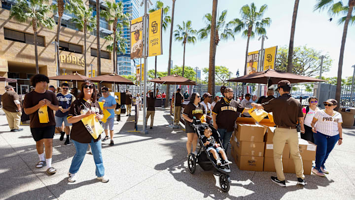 San Diego Padres fans arrive for an Opening Day game against the Detroit Tigers at Petco Park on March 26, 2026.
