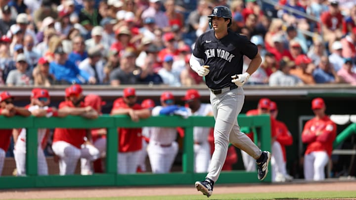 Mar 4, 2025; Clearwater, Florida, USA; New York Yankees outfielder Spencer Jones (78) runs the bases after hitting a three-run home run against the Philadelphia Phillies in the third inning during spring training at BayCare Ballpark. Mandatory Credit: Nathan Ray Seebeck-Imagn Images