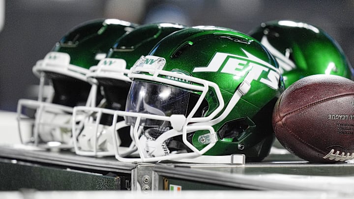 Aug 17, 2024; Charlotte, North Carolina, USA; New York Jets helmets during the second half against the Carolina Panthers at Bank of America Stadium. Mandatory Credit: Jim Dedmon-Imagn Images