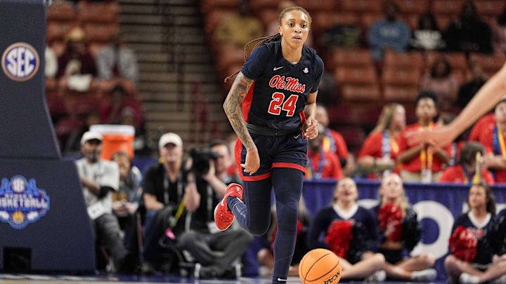 Mar 7, 2025; Greenville, SC, USA; Ole Miss Rebels guard Madison Scott (24) brings the ball up court against the Texas Longhorns during the first half at Bon Secours Wellness Arena. Mandatory Credit: Jim Dedmon-Imagn Images