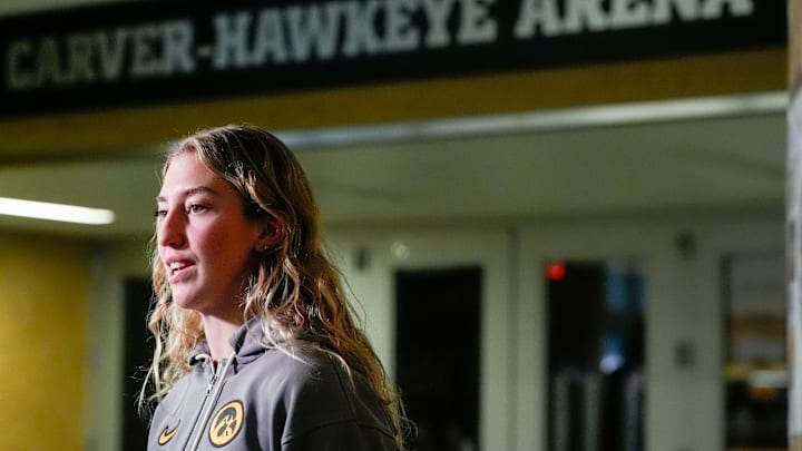 Iowa’s Lucy Olsen talks to media after the team’s seed for the NCAA Women’s Basketball Tournament is revealed Sunday, March 16, 2025 at Carver-Hawkeye Arena in Iowa City, Iowa.