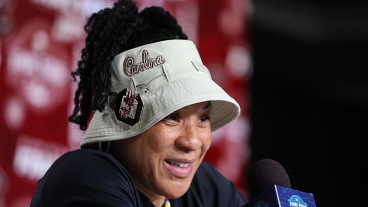 Apr 5, 2025; Tampa, FL, USA; South Carolina Gamecocks head coach Dawn Staley talks to media before practice at Amalie Arena. Mandatory Credit: Nathan Ray Seebeck-Imagn Images Apr 5, 2025; Tampa, FL, USA; South Carolina Gamecocks head coach Dawn Staley talks to media before practice at Amalie Arena. Mandatory Credit: Nathan Ray Seebeck-Imagn Images